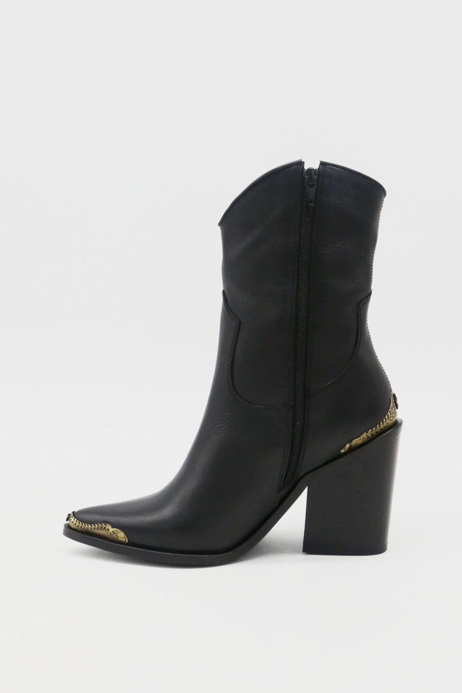 Black western boot with a high block heel and gold-toned trim.